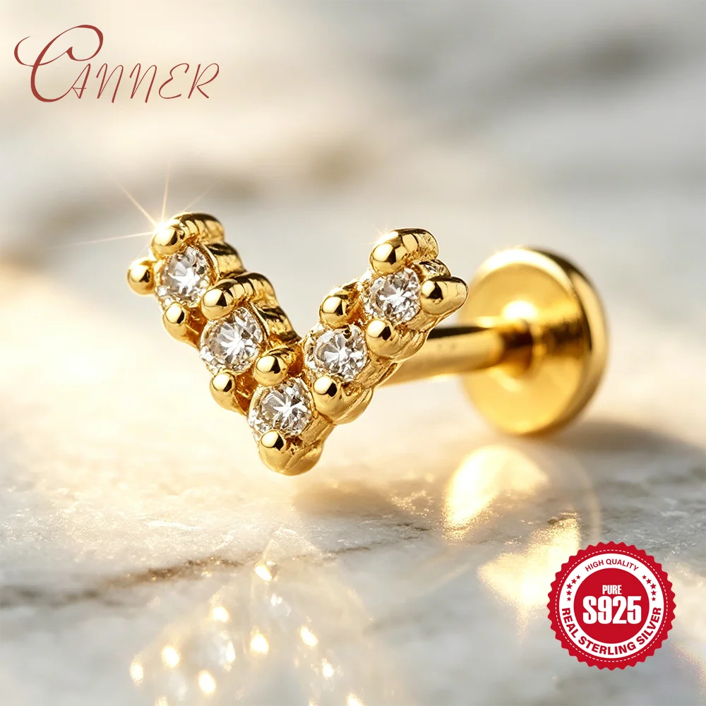 CANNER 925 Sterling Silver Love V-Shaped Diamond Studded Threaded Flat Head Piercing Earrings Bone Nail Pendientes Cute Gifts