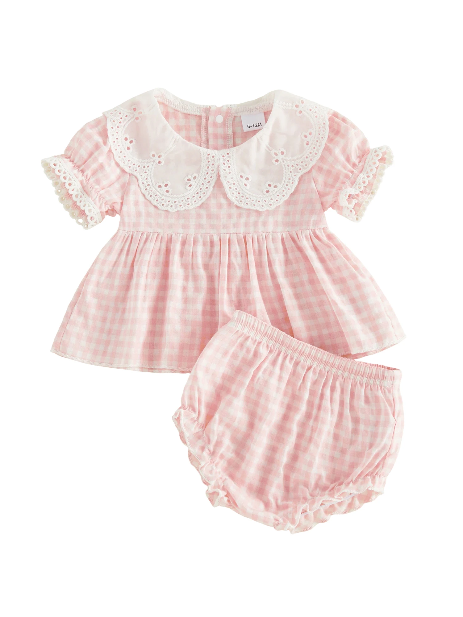 

Комплект из 2 предметов для маленьких девочек: топ с короткими рукавами и рюшами на воротнике, клетчатые шорты с эластичной резинкой на талии для летних пляжных игр