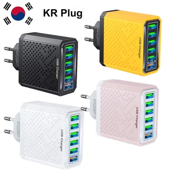 USLION 6 In 1 USB şarj QC3.0 FastCharging hızlı şarj QC3.0 ForSamsung Xiaomi cep telefonu TravelAdapter KR fiş