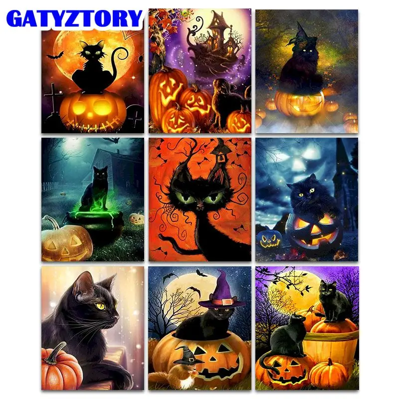 

GATYZTORY Paint By Numbers Black Cat Hand Painting Art Gift DIY Pictures By Number Pumpkin Kits With Frame For Halloween Gift