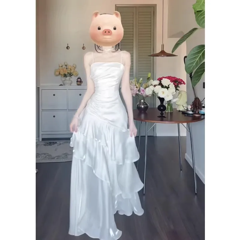 Vestido de Verão ular com Detalhes em Renda e Alças de Cetim para Mulheres, Estilo Coreano, Saia Longa com Cintura Ajustada