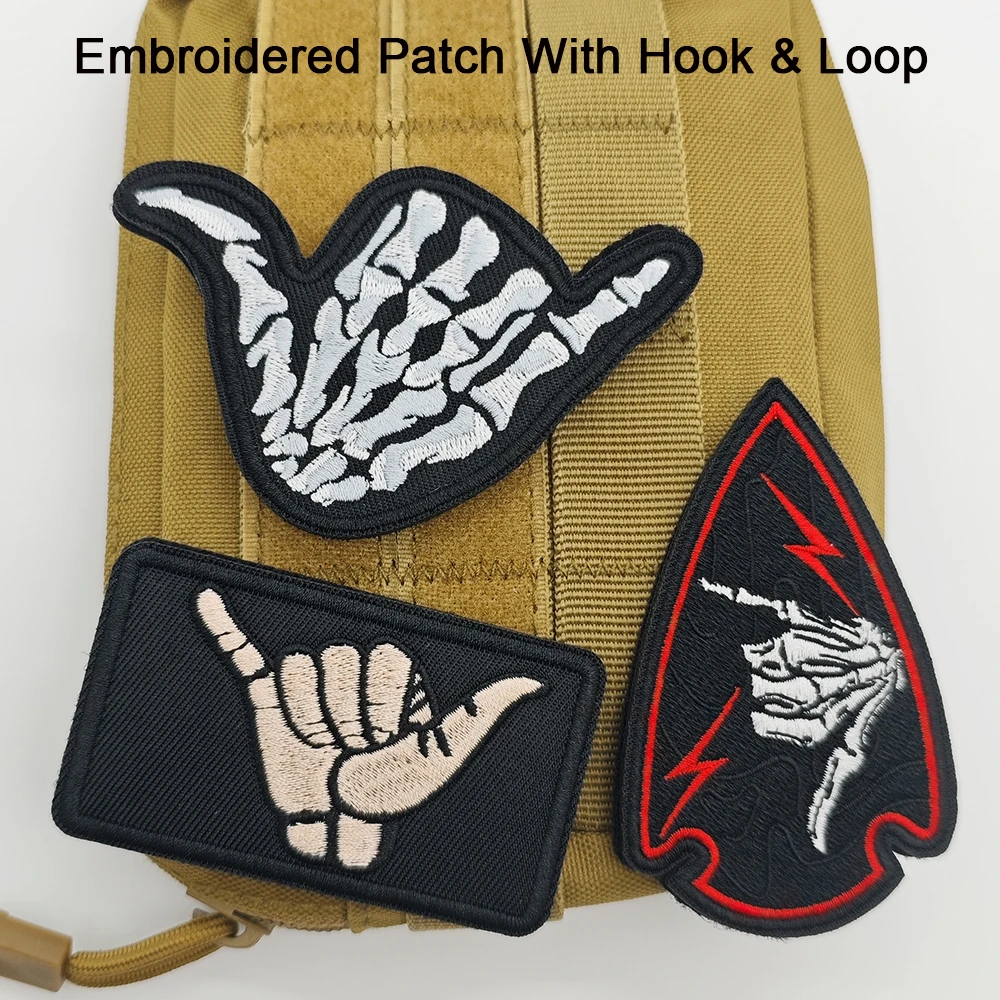 Skeleton Shaka Hand Embroidered Patch Hook & Loop, Tactical Gesture Arrow Badge DIY For Backpack Jacket Vest Hat Hunting Camping
