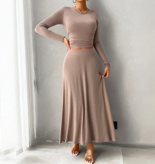 

Women's Two Piece Set Elegant Fashion Solid Color Slim Round Neck Long Sleeve Tee Crop Tops and High Waist A-line Long Dress