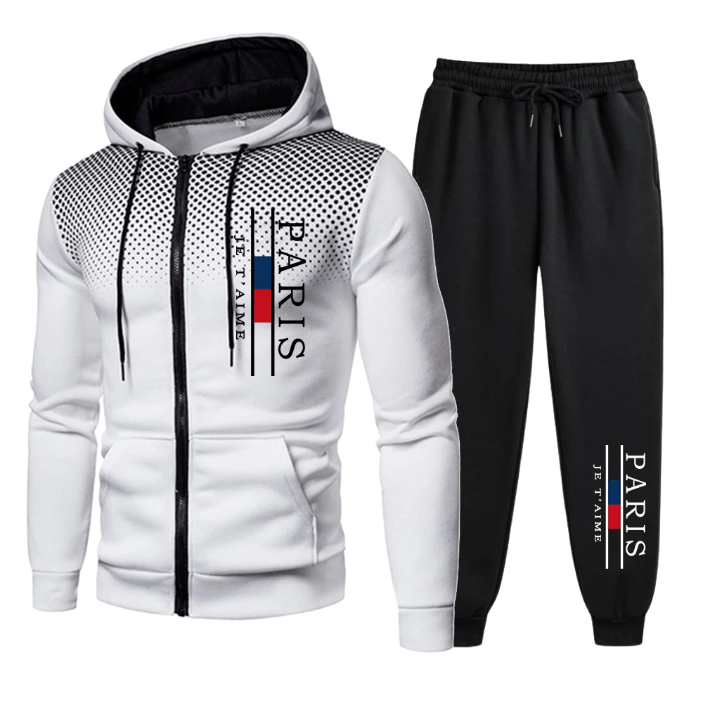 Mens Tracksuits Fashion Print Casual Round Dot Zipper Jacket+Jogging Pants Set Daily Hooded Sweatshirt Street Clothing Hot Sales