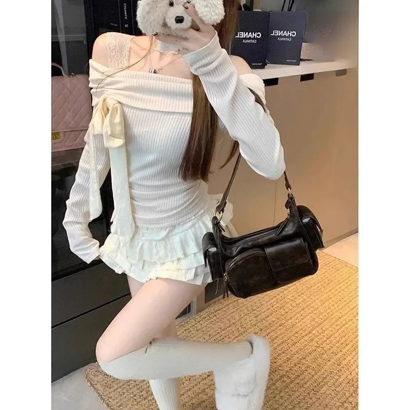 

Women's Winter Design Slim Fit Shoulder Exposure Top Desire One-Shoulder Butterfly Knot Knitted T-Shirt