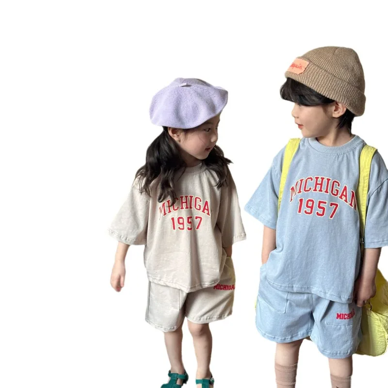 Summer Child Family Sports Sets Boy Girl Blue Apricot Letter Drop Shoulder Short Sleeve Loose T-shirt+Shorts Baby Clothes H83695