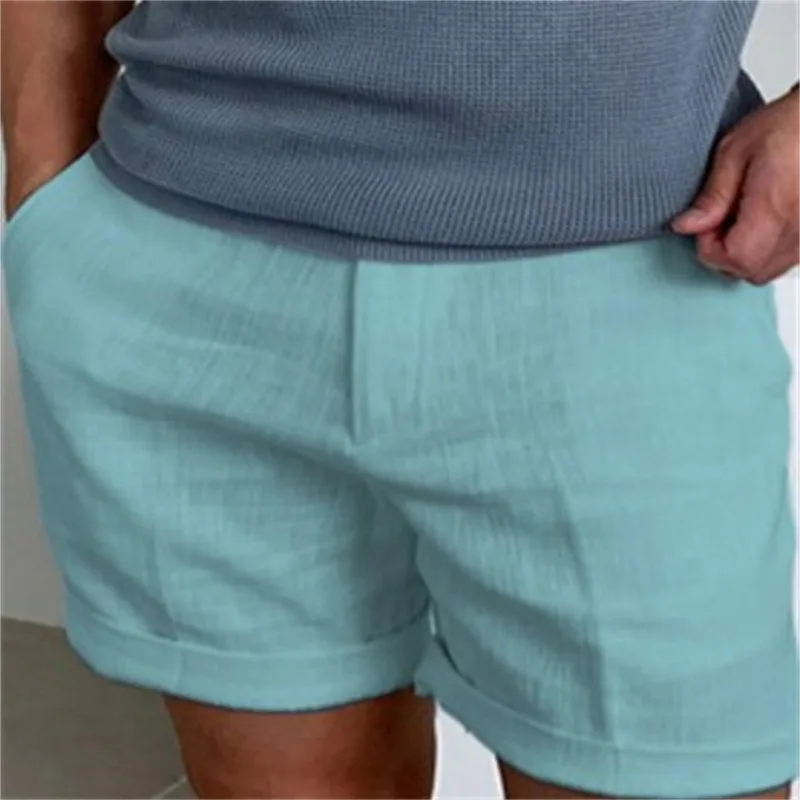 Men's linen diagonal pocket solid color comfortable breathable sports outdoor daily shorts 0372
