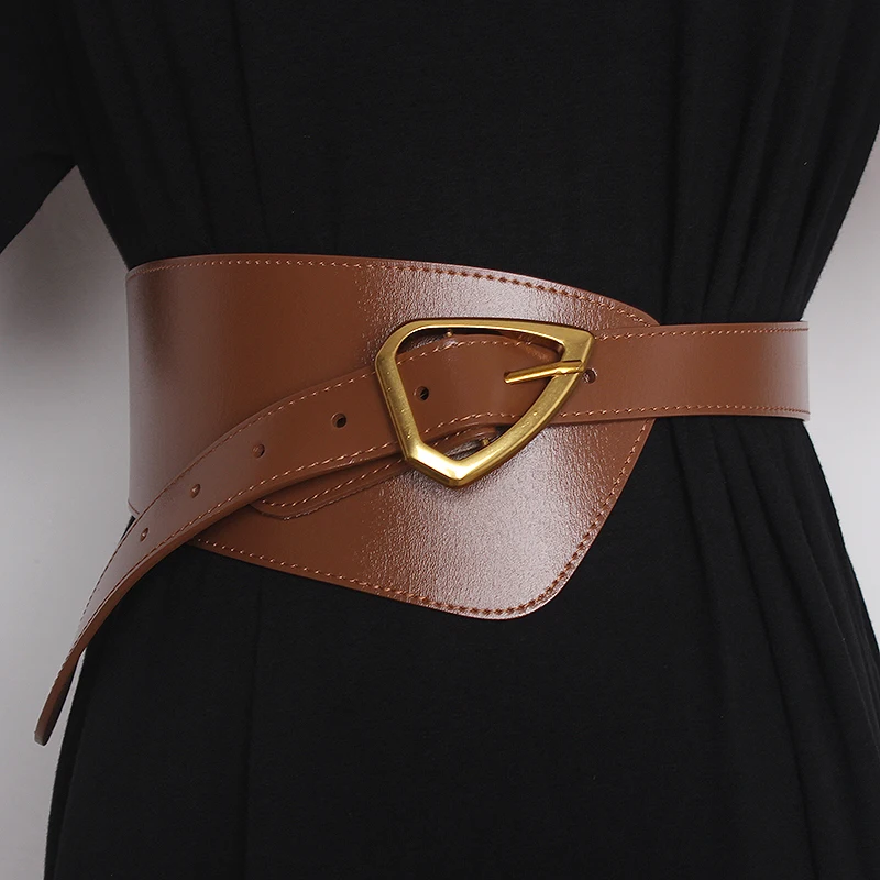 Luxurious European and American versatile cowhide women's waist wide belt with shirt dress coat oblique buckle decorative waist