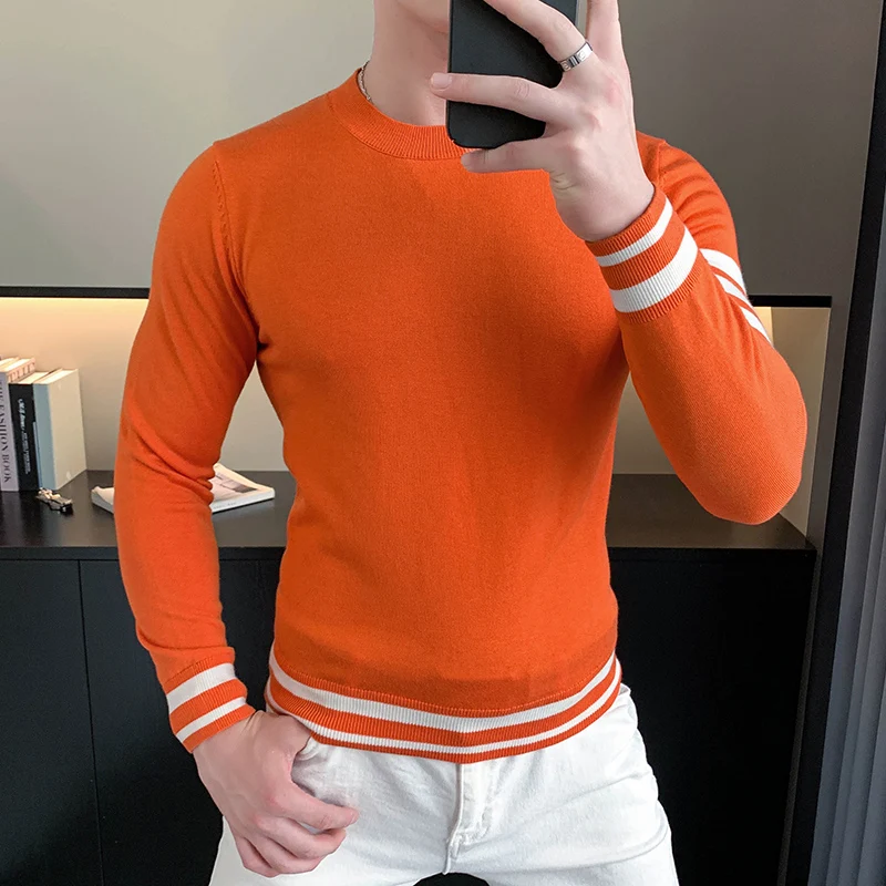 Autumn Winter New Mens Sweater Slim Versatile Round Neck Wool Knit Pullovers Top Casual Knitted Splicing Stripes Base Sweater