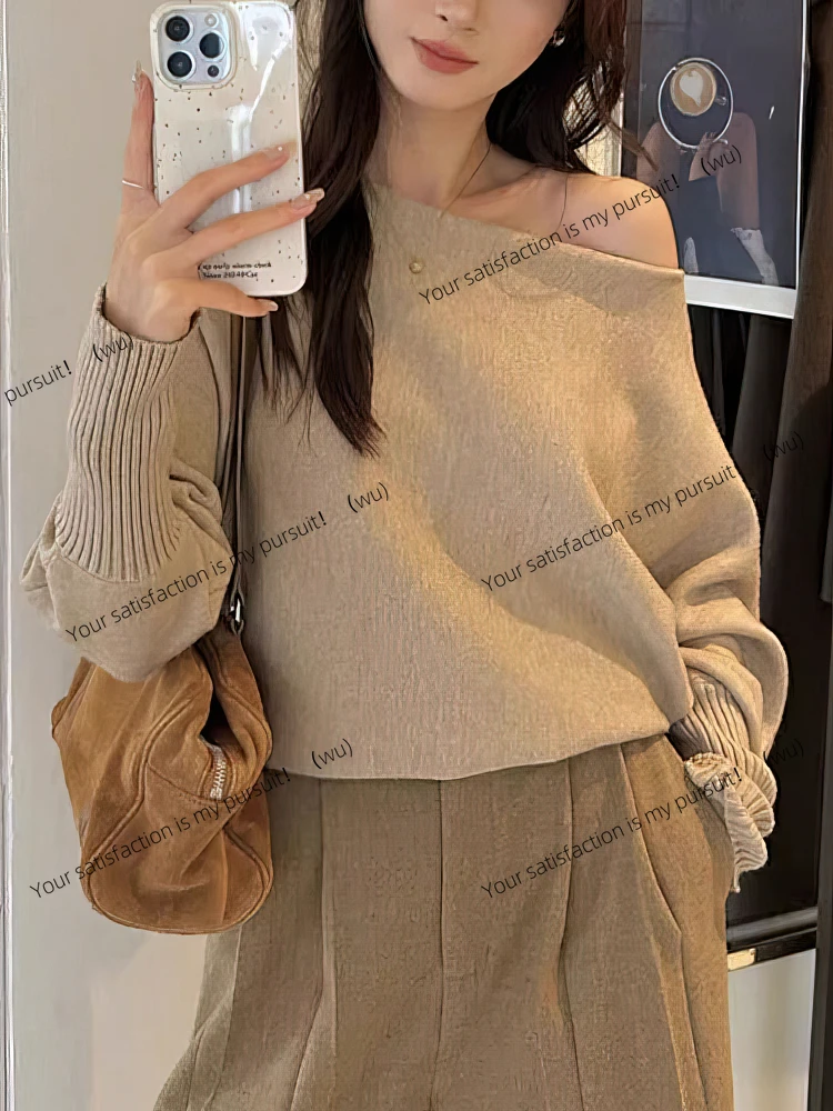 ZOCI-Women's Bat Wing Long Sleeve Knitted Sweater, Off-Shoulder Top, Korean Fashion Sweater, Loose Casual Autumn Clothing