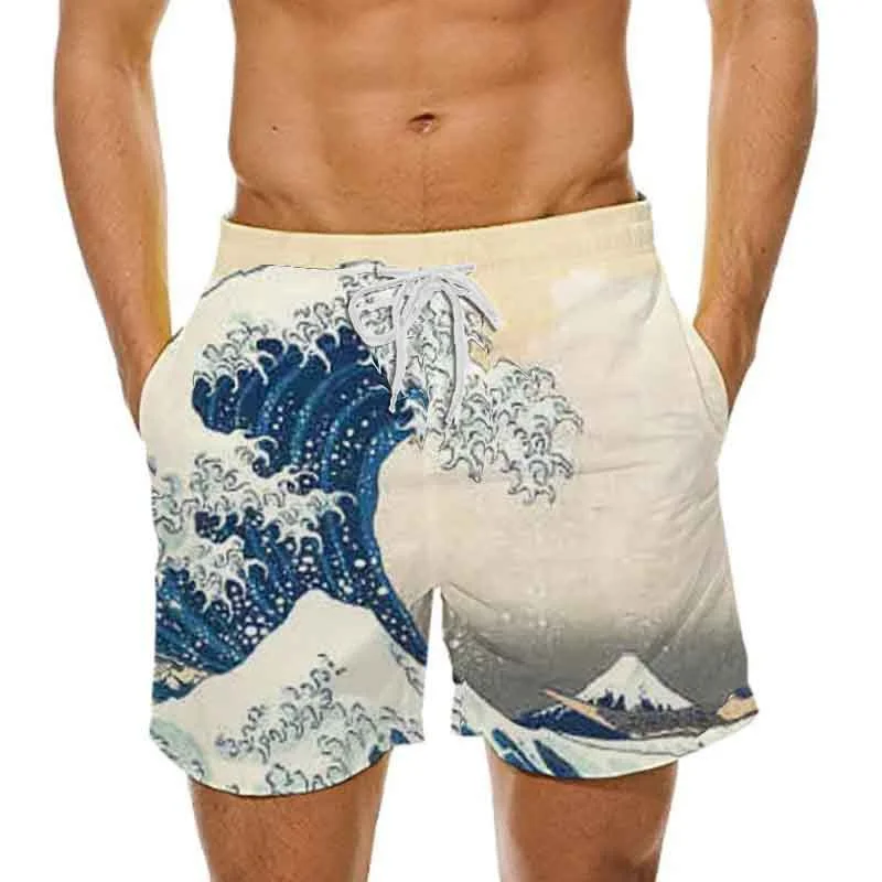 Calção de praia para praia masculina, calção casual para férias, ondas, estampa 3D, fato de banho Y2K, calça curta, verão, 2024