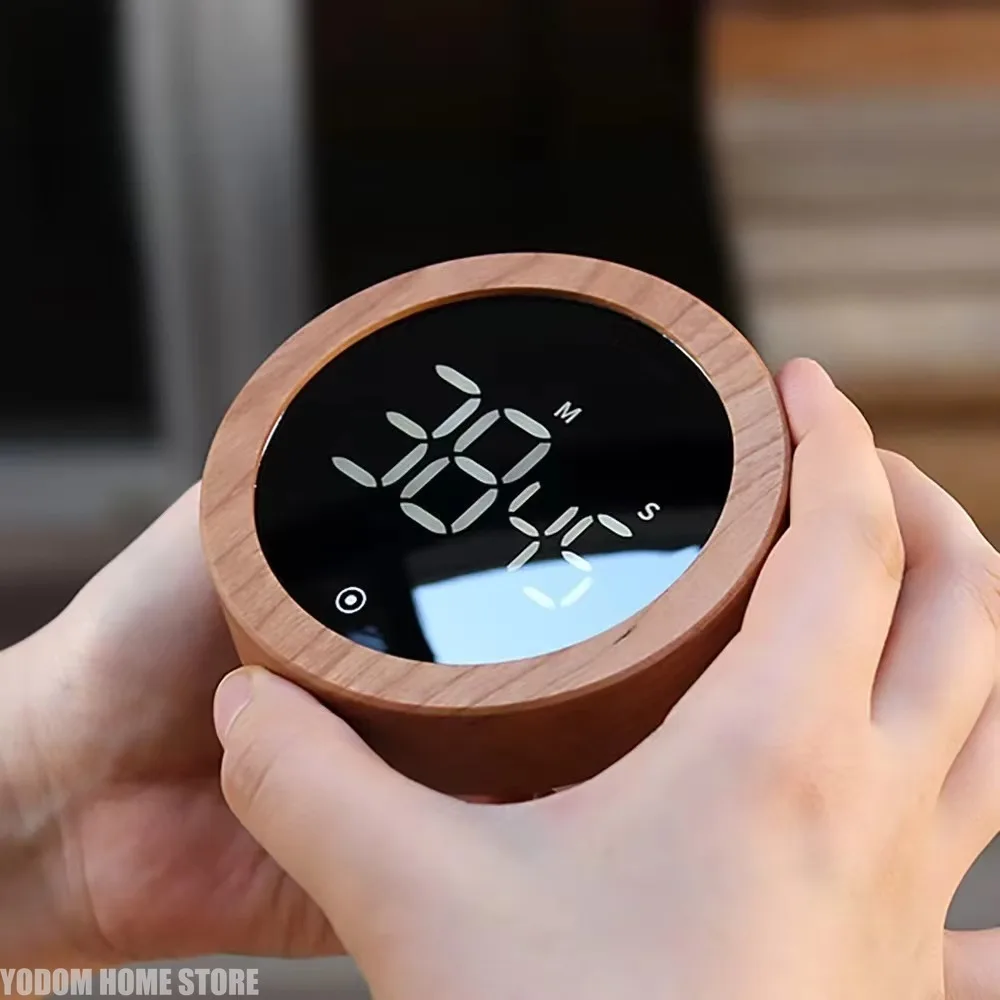 LED Electronic Rotating Wood Grain Timer Round Countdown Device Kitchen Cooking Household Gadget For Time Management