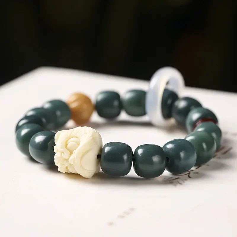 Ivory Awakening Lion Gradient Bodhi Bracelet White Jade Bodhi Root Hand Twisted Rosary Beaded Hand String for Men and Women