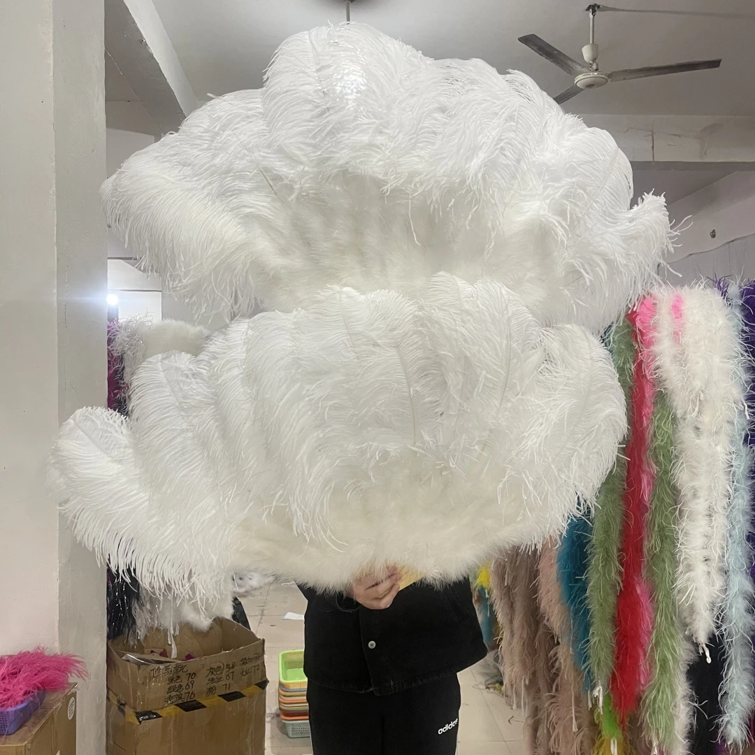 Large Real White Ostrich Feather Fans 13 Bars 90/130cm Fluffy Plumes Folding Fan for Carnival Stage Opera Props Decor Accessory