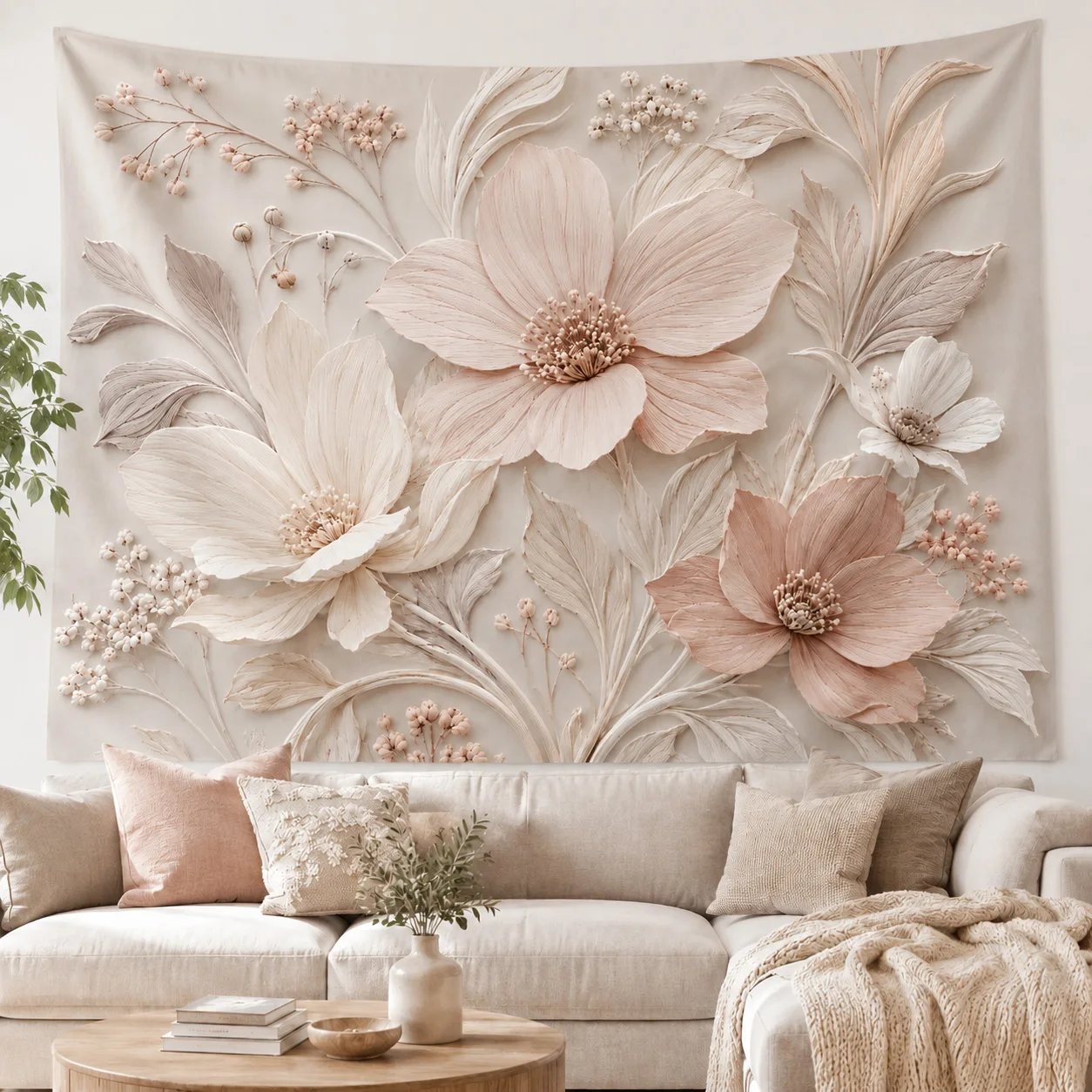 3D Embossed Floral Tapestry Boho Pink Beige Flower Wall Hanging Minimalist Cream Botanical Bedroom Home Decor Cloth