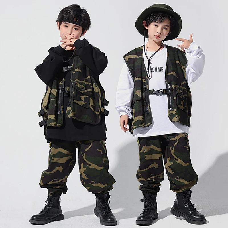 Kids Kpop Outfits Hip Hop Clothing Camo Vest Streetwear Tactical Cargo Pants For Girl Boy Jazz Dance Costume Teen Street Clothes