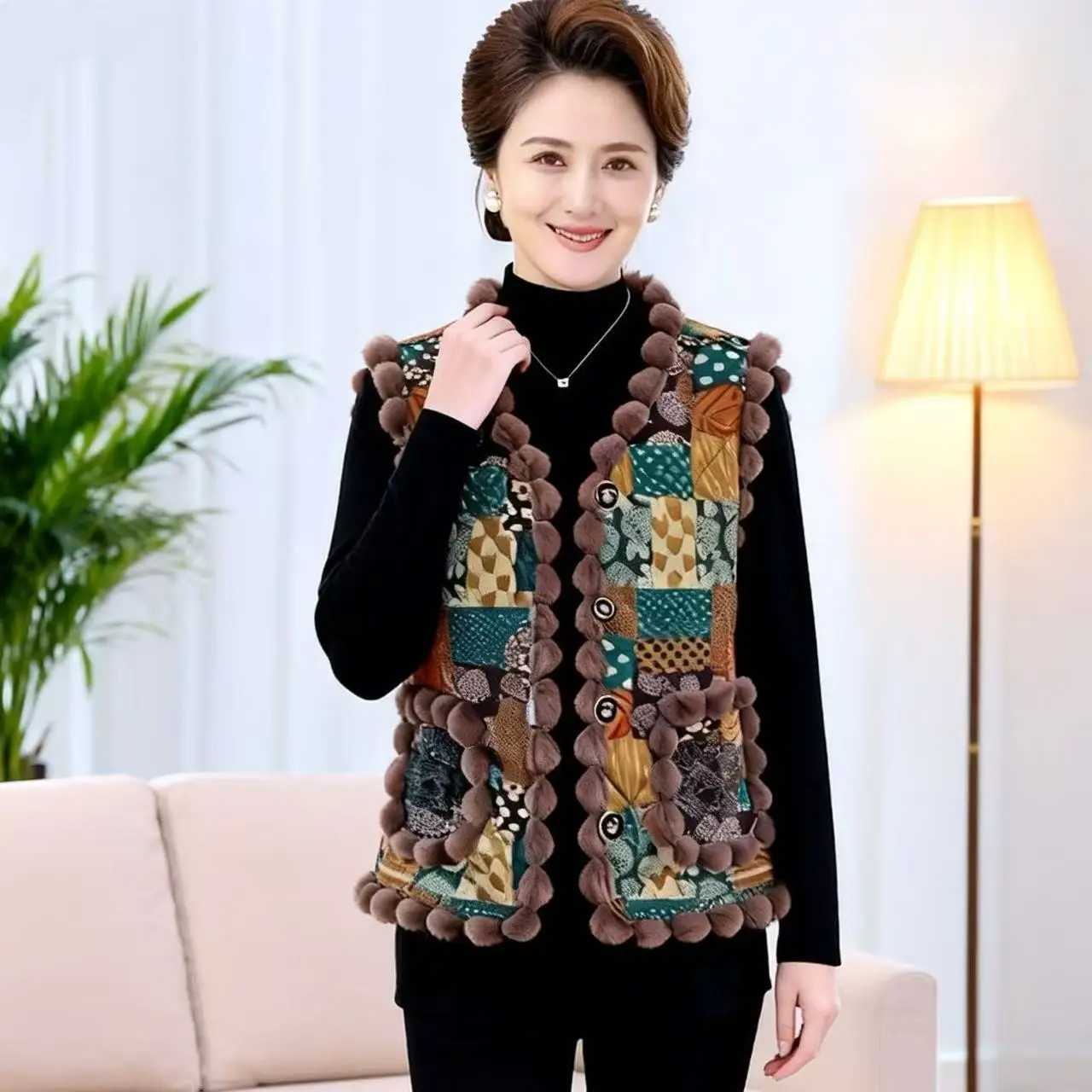 جديد النمط الصيني سترة القمم المرأة الخريف الشتاء معطف بلا أكمام الأمهات في منتصف العمر خمر موضة رشاقته المخملية سترة الإناث #1