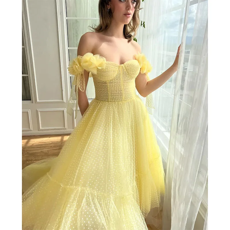 Vestido plisado de tul para fiesta, traje amarillo claro con tirantes finos, longitud de té, línea A, graduación