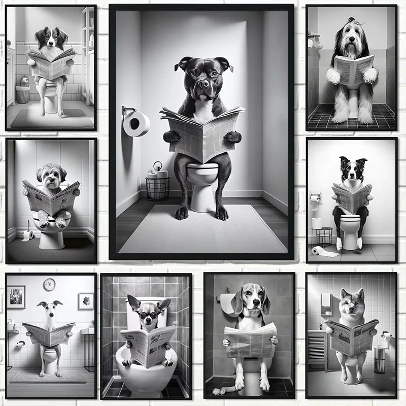 (1pc frameless)Funny Animal Dog Sitting On The Toilet Reading Newspaper Fashion Poster Canvas Paintings Wall Art Pictures Bathro