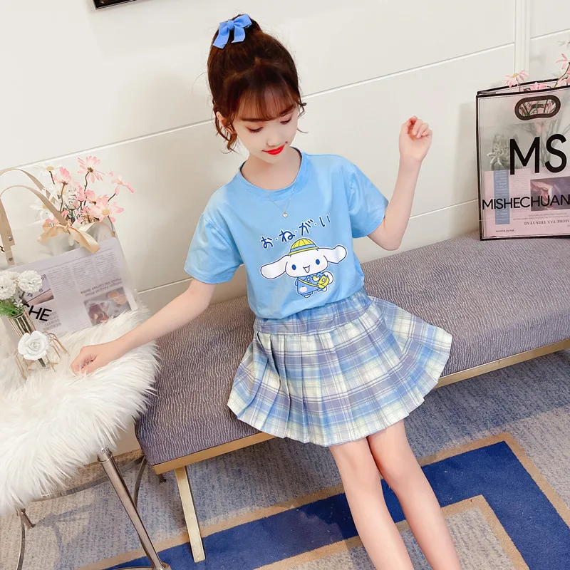 

Summer Children's Clothes Kawaii Sanrioed My Melody Cinnamoroll Girls T-Shirt Jk Plaid Pleated Skirt Anime Cartoon Uniform