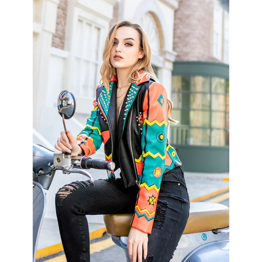 

Women Leather Jacket Spring And Autumn Fashion Thai Trendy Brand Graffiti Print Street Punk Biker Motor Leather Jacket 3xl