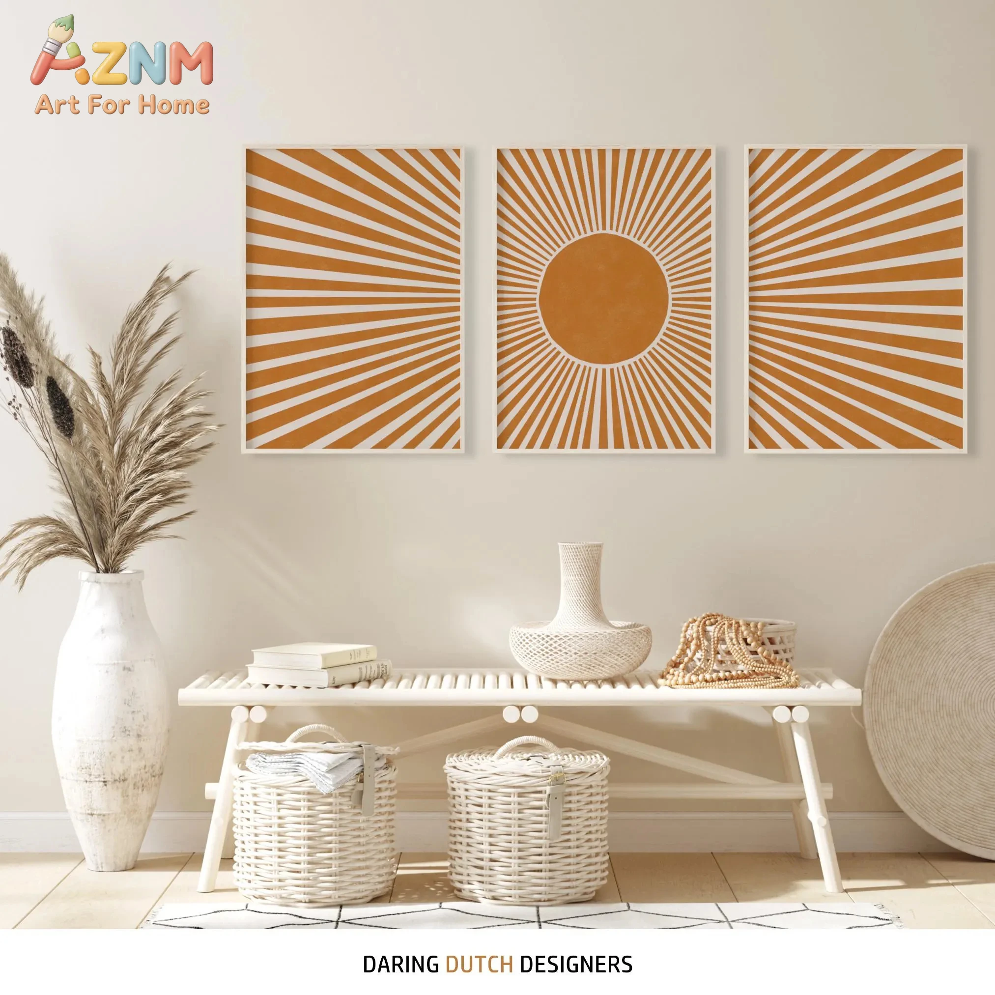 3PCS Boho Sunburst Canvas Wall Art Set Orange White Abstract Sun Prints for Living Room Bedroom Decor Unframed