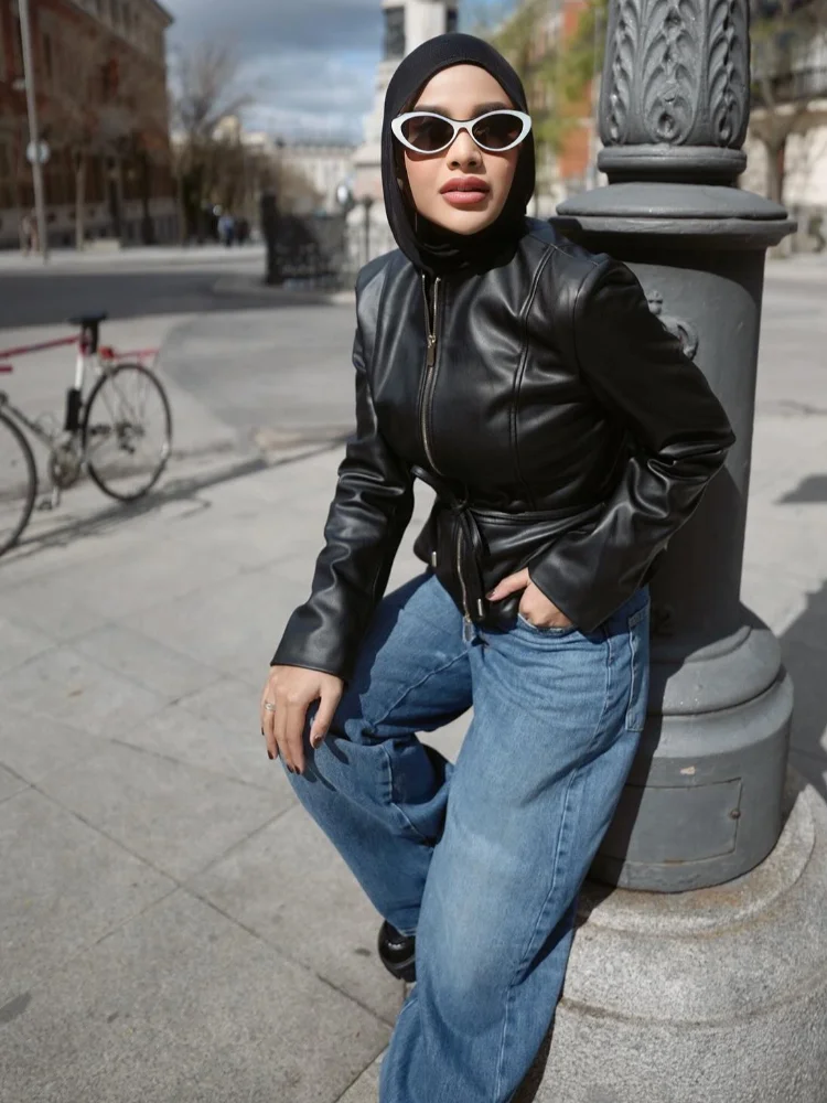 

Women Fashion Black Lace Up Leather Jacket Solid Full Sleeve Waist Cinching Zipper Short Jackets 2026 Lady Spring Autumn Outwear