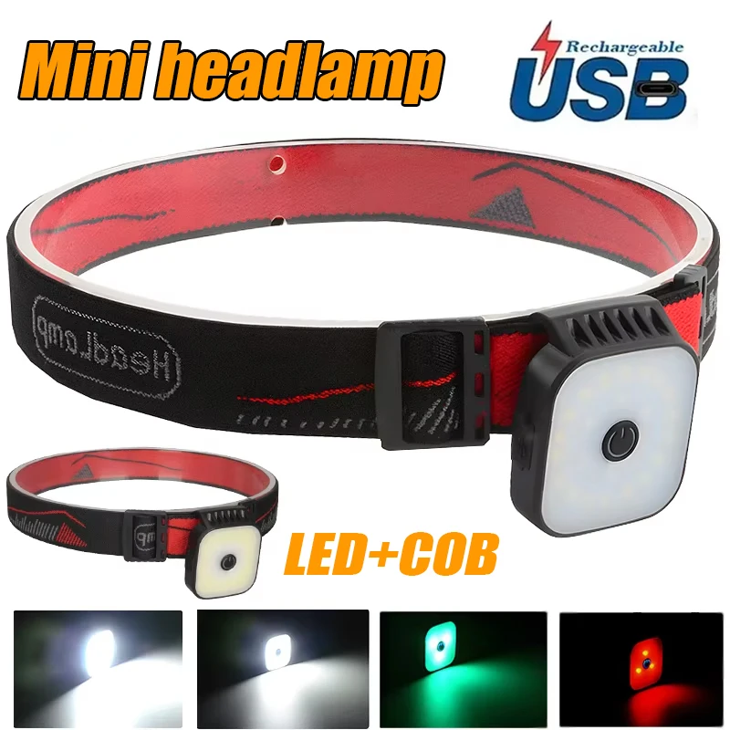 

MultiFunctional Mini LED Headlights with 4 Lighting Modes Rechargeable Outdoor Night Running COB Head Mounted Flashlight