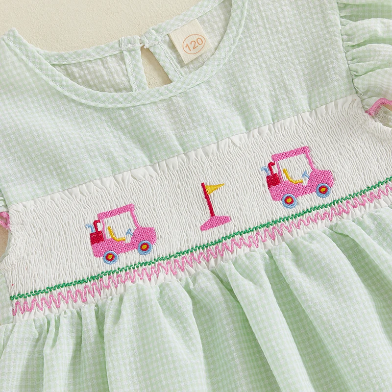 Abito estivo da ragazza giovanile con stampa scozzese e ricami di elementi da golf con girocollo e maniche svolazzanti