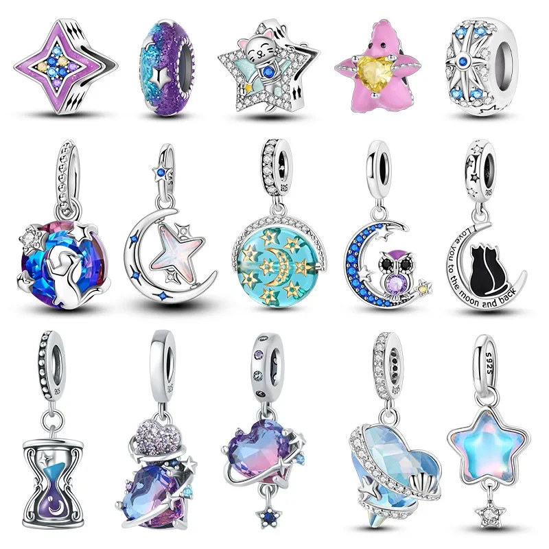 Sterling Silver S925 Shiny Star Charms Moon Beads Pendants for Original Pandora Bracelet Fine Jewelry for Women Gifts Diy