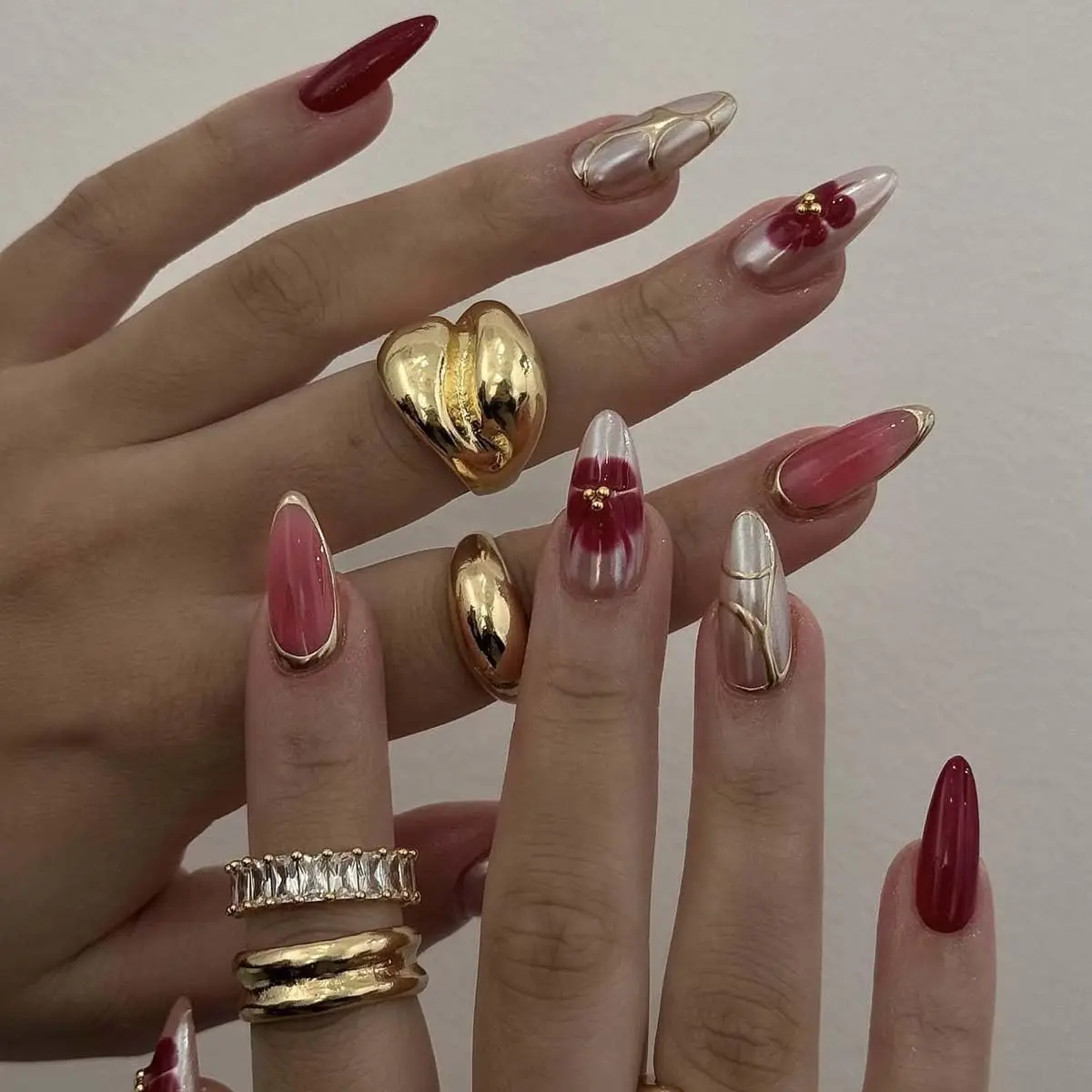 

Burgundy Gold Almond Press on Nails with Red Flower Design for Women Manicure 24 Pcs