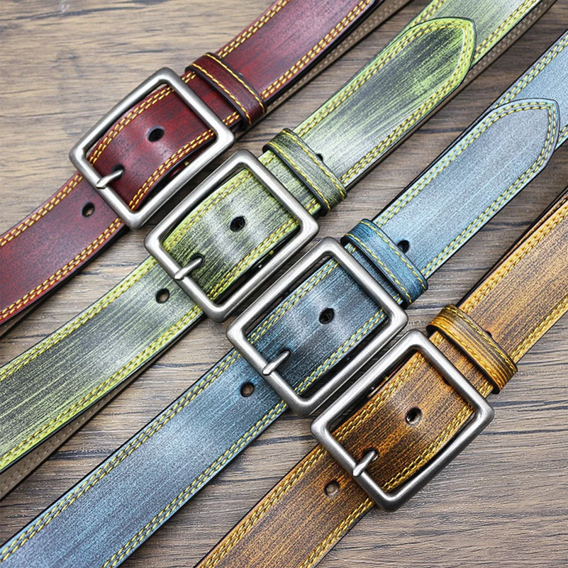 Retro Men's Leather Belt Worn-out Dyed Stitching Western Genuine Cowhide Denim Buckle for Casual Wear