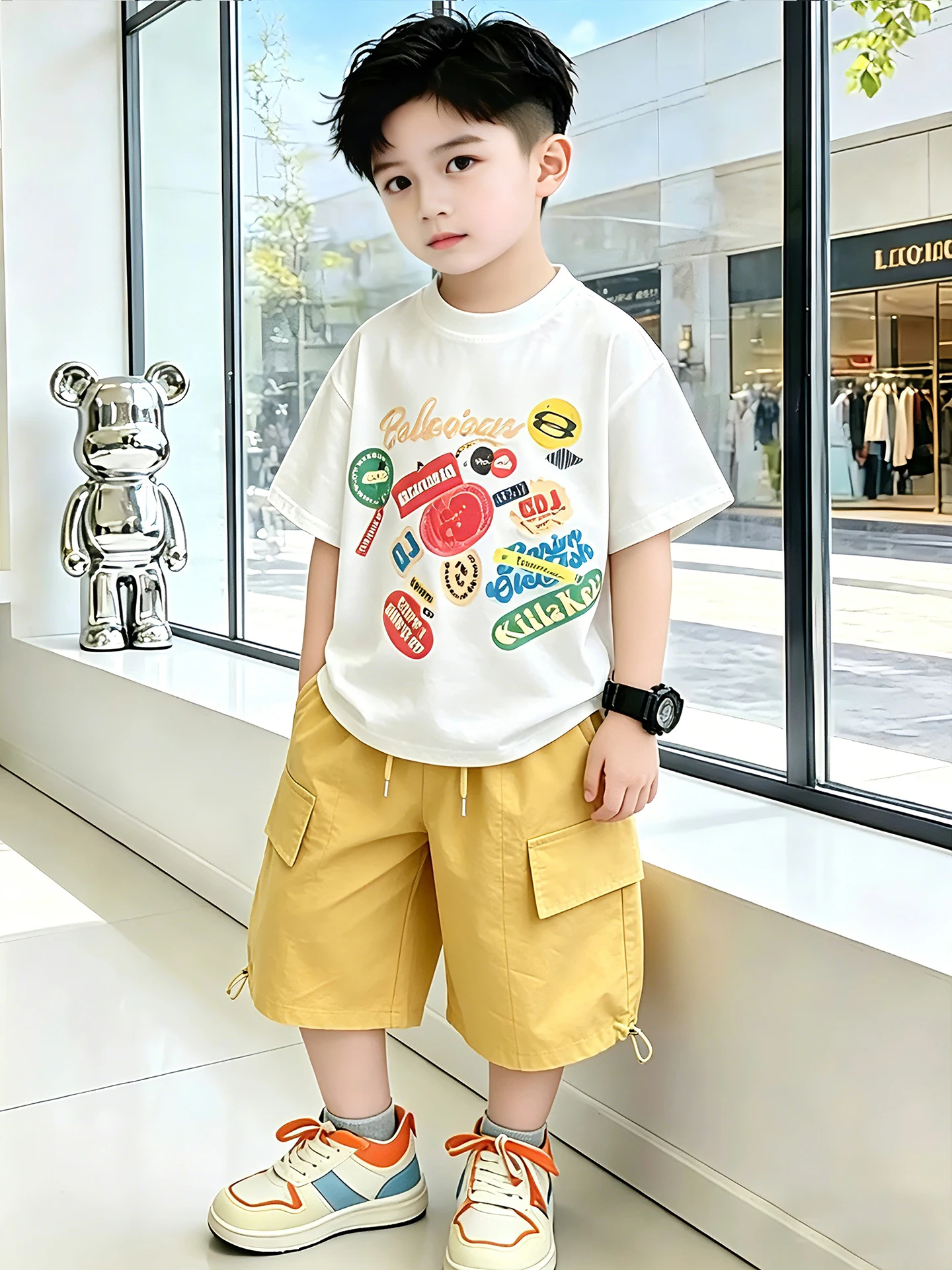 韓国風男の子夏半袖服薄手ツーピースセット可愛い中小子供服ベビーサマーセット