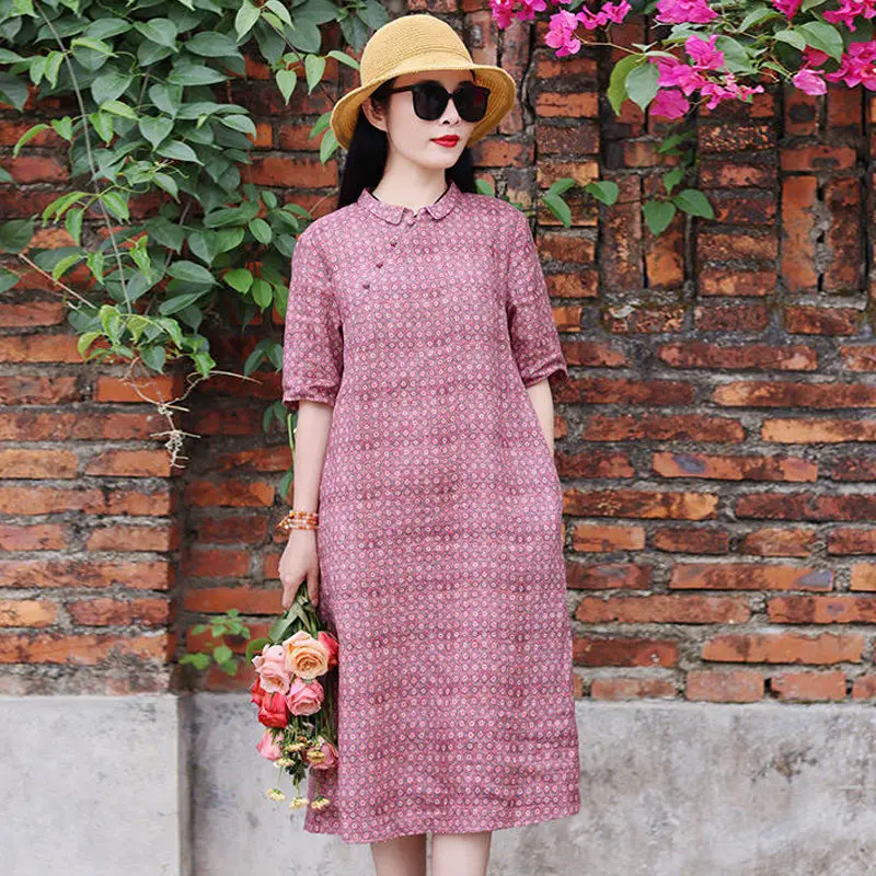 

2023 chinese style improved casual daily qipao dress folk style loose dress women cotton linen lady elegant cheongsam dress