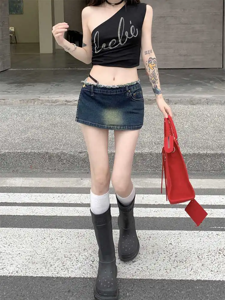 تنورة نسائية صغيرة من قماش الدنيم 2000s جمالية هاراجوكو يابانية منخفضة الارتفاع كوكيت جيارو تصميم أمريكي عتيق عالي الشارع Kpop Y2k