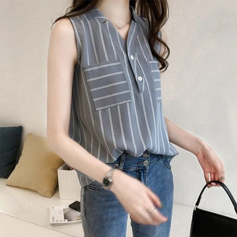 

Western Style Sleeveless Striped V_neck Chiffon Shirt for Women's Summer New Loose Splicing Pullover Tops Fashion Women Clothing