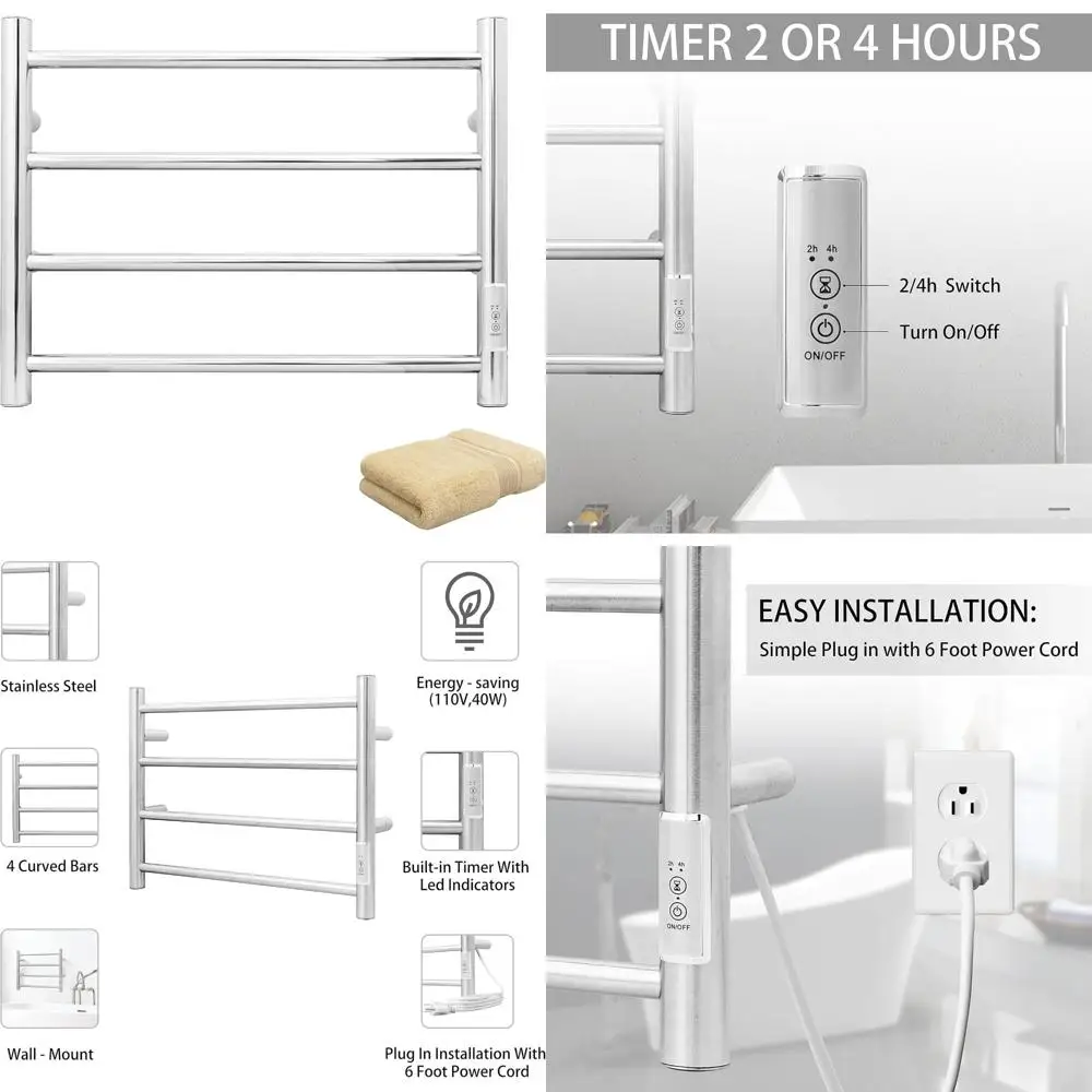 

Электрическая полотенцесушитель из нержавеющей стали, настенный монтаж с 4 стержнями и встроенным таймером для ванной комнаты