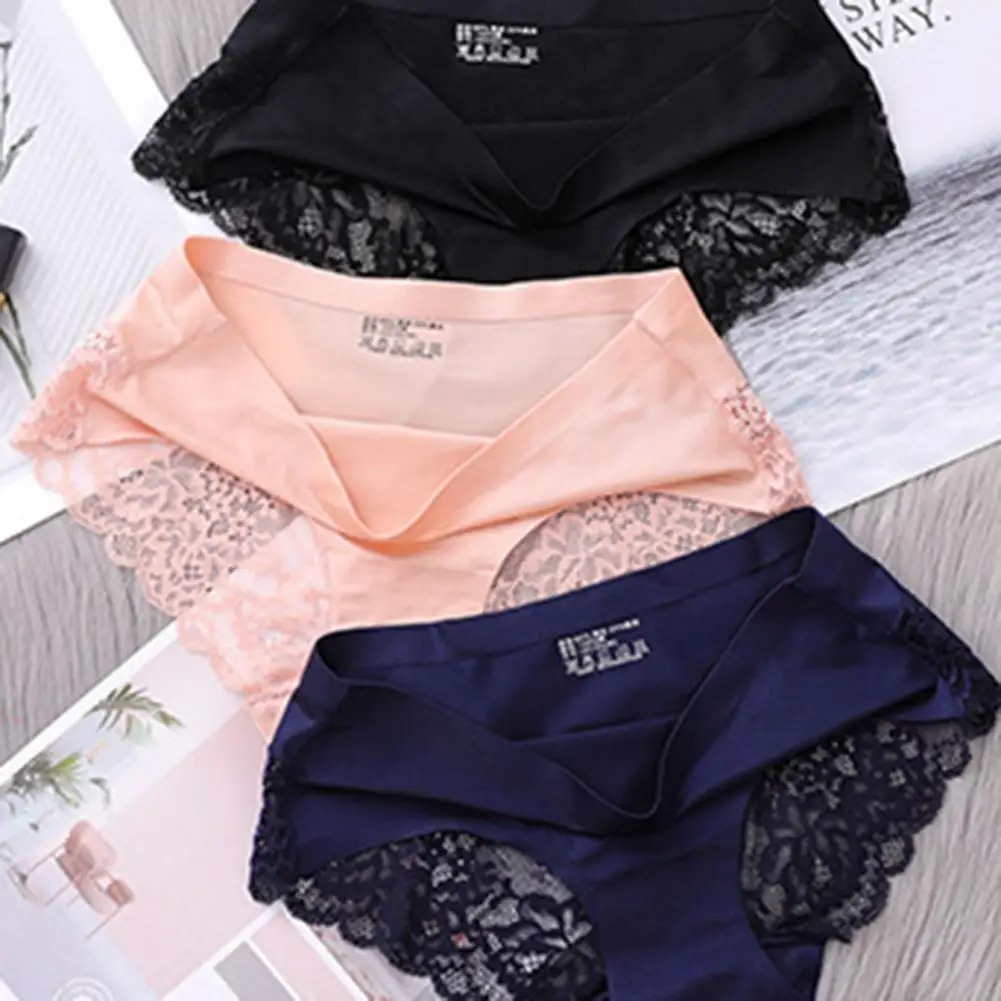 Women Lace Stitching Ice Silk Elegant Lace Stitched Ice Silk Panties for Women Mid-rise with See-through Embroidery Solid Color