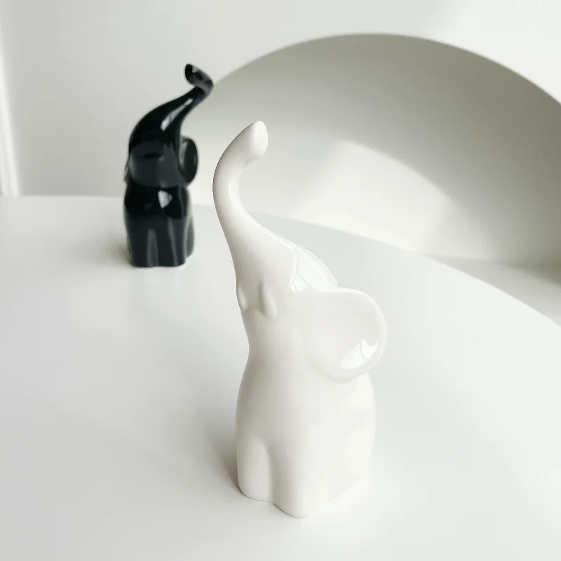 2Pcs Ceramic Elephant Figurine Set Black White Lovers Elephant Statue Modern Abstract Animal Sculpture Home Desktop Shelf Decor
