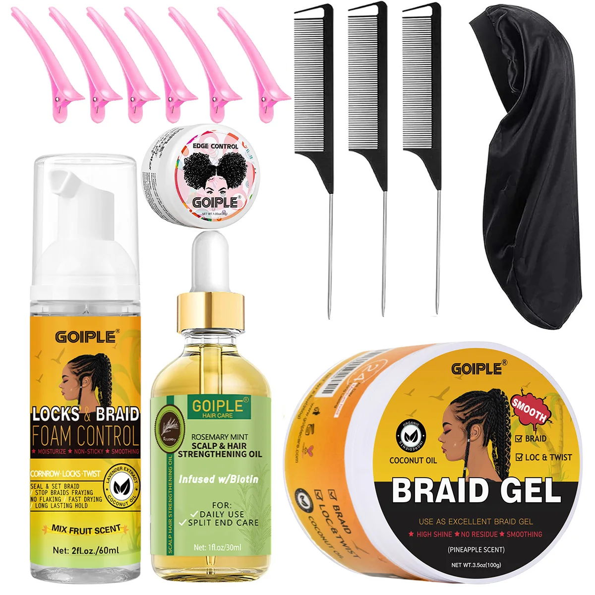 

GOIPLE Braid Styling Care 14pcs Foam Control Mousse and Gel Rosemary Oil Edge Control Wax High Shine Lock & Twist Braid Products