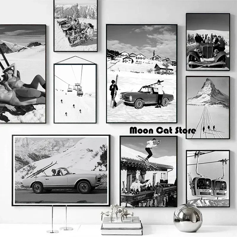 Foto de esquí Vintage en blanco y negro, deporte de invierno, Aspen Apres, cartel de estación de esquí, pintura en lienzo, imágenes de pared, decoración del hogar