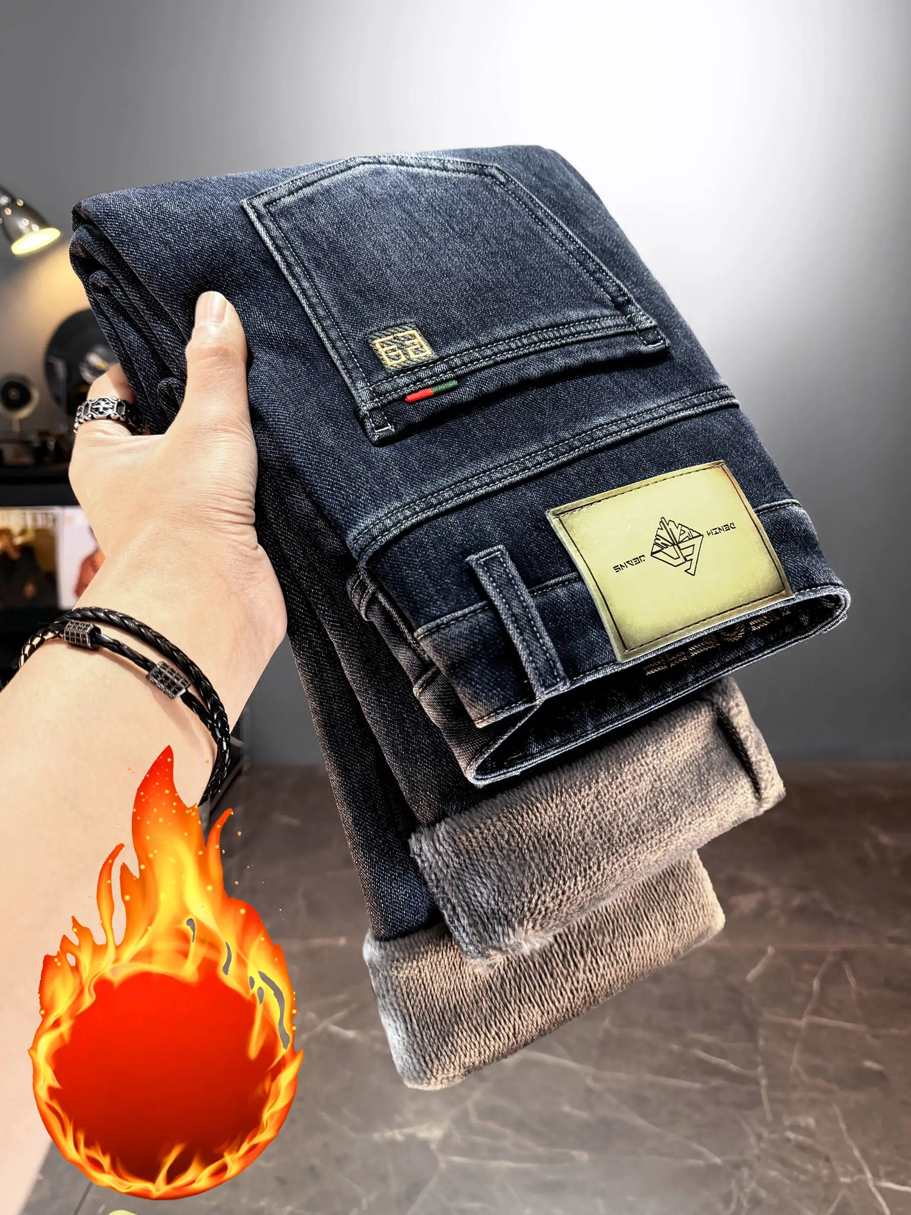 Men Fashion Straight Black Blue Pants Fleece Stretch Jeans Street Business Casual Slim Fit Trousers Male Thermal Versatile Jeans