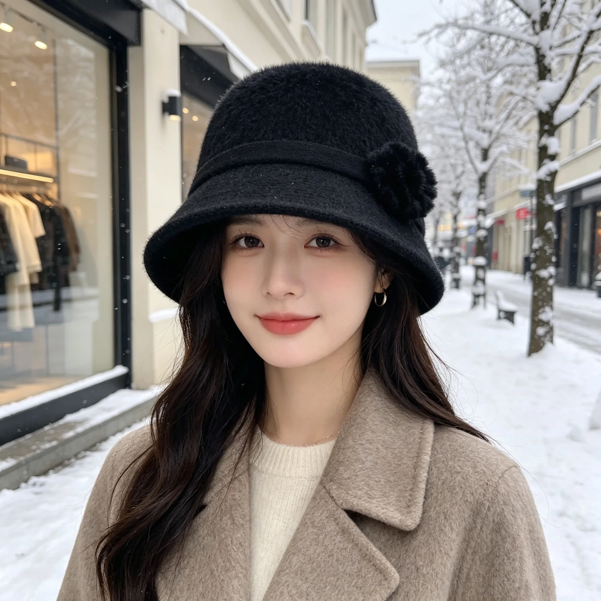 Women's Mink Velvet Knitted Fisherman's Hat, Vintage Floral Pom-Pom Decorated Bucket Hat, Autumn and Winter Thickened Warm Short-Brimmed Wool Hat, Outdoor Cold-Proof Hat
