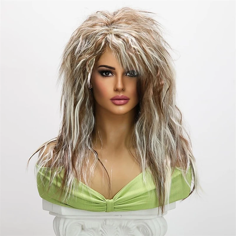 

HAIRJOY 24-inch Synthetic Wig for Women 70S 80S Long Curly Brown White Wig Punk Rocket Heat Resistant Wig