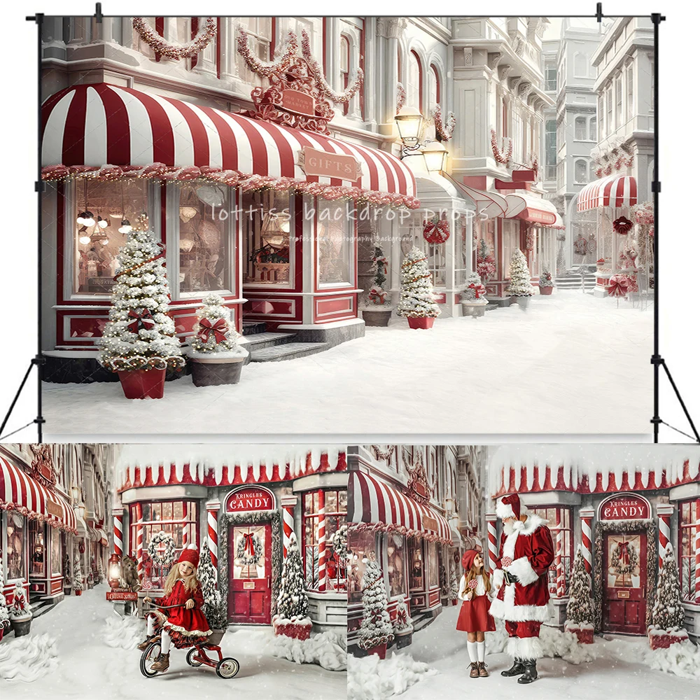 Kringles Candy Store Backdrops Christmas Kids Portrait Props Child Baby Photocall Photostudio Xmas Santa Snowy Street Background