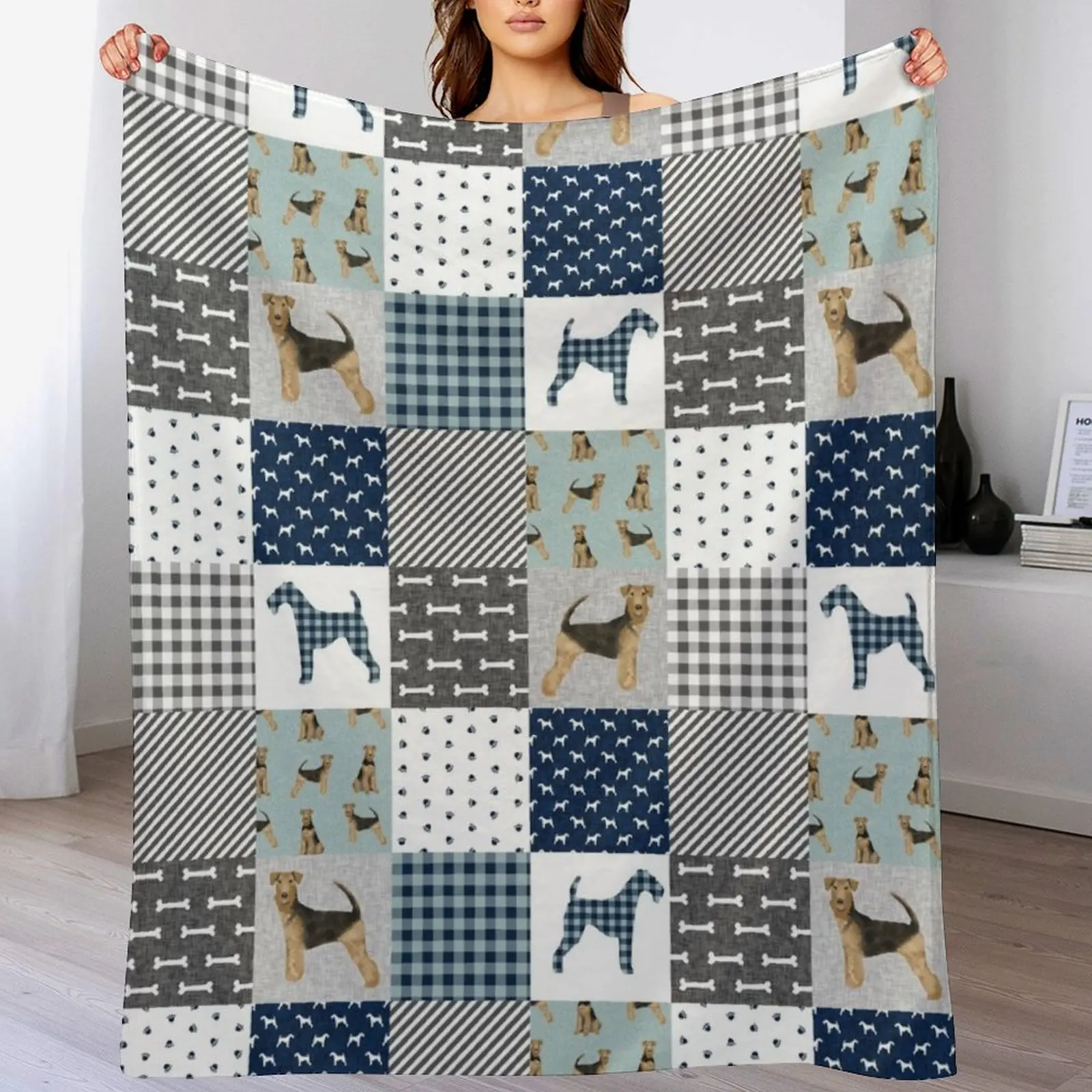 

airedale patchwork bedding, airedale bedding, airedale dog design, cute dog, dog fabric, plaid, buffalo plaid, dog Throw Blanket