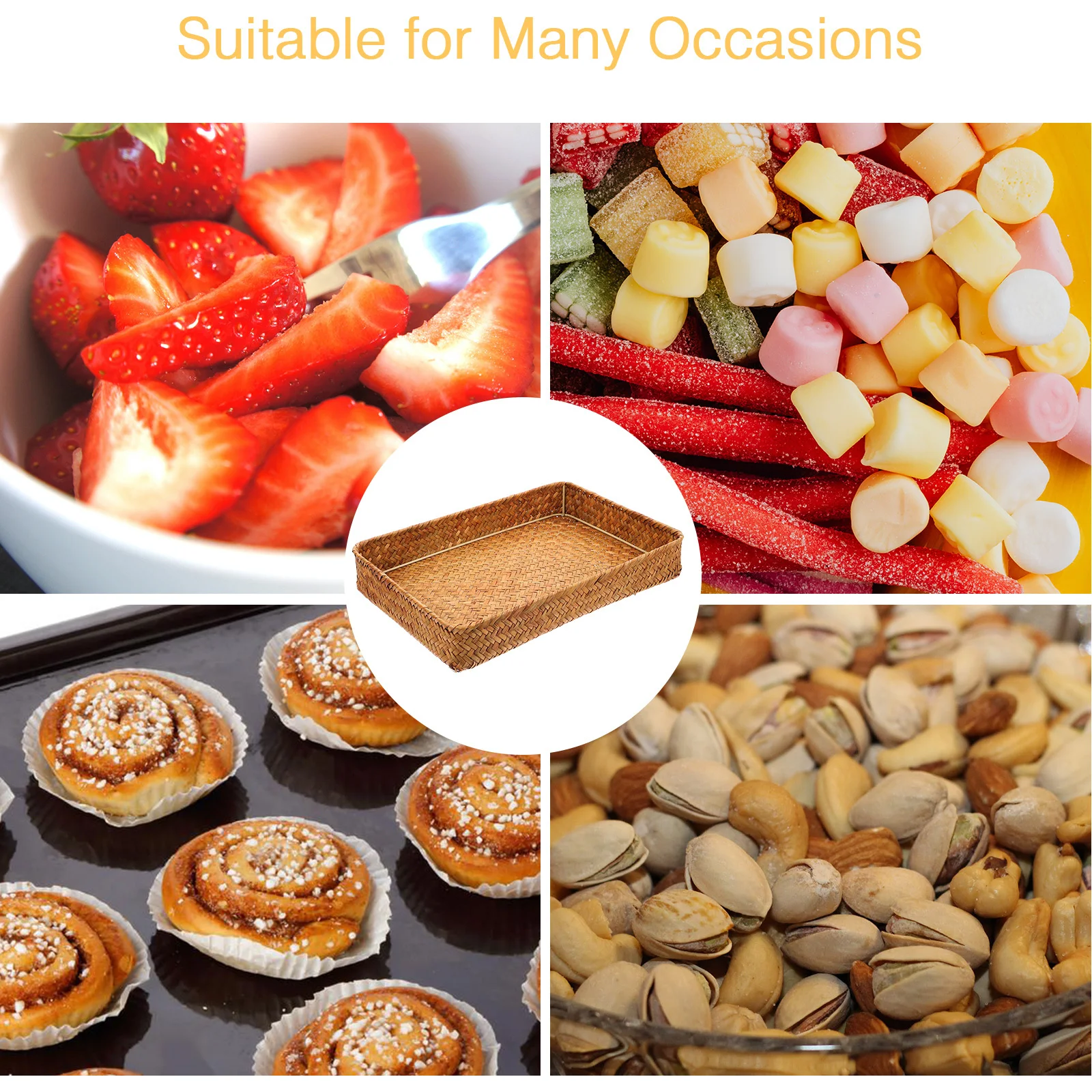 

Rustic Woven Tray Handcrafted Fruit Basket for Kitchen Counter Dining Table Decoration Storage Bread Plate Serving Holder