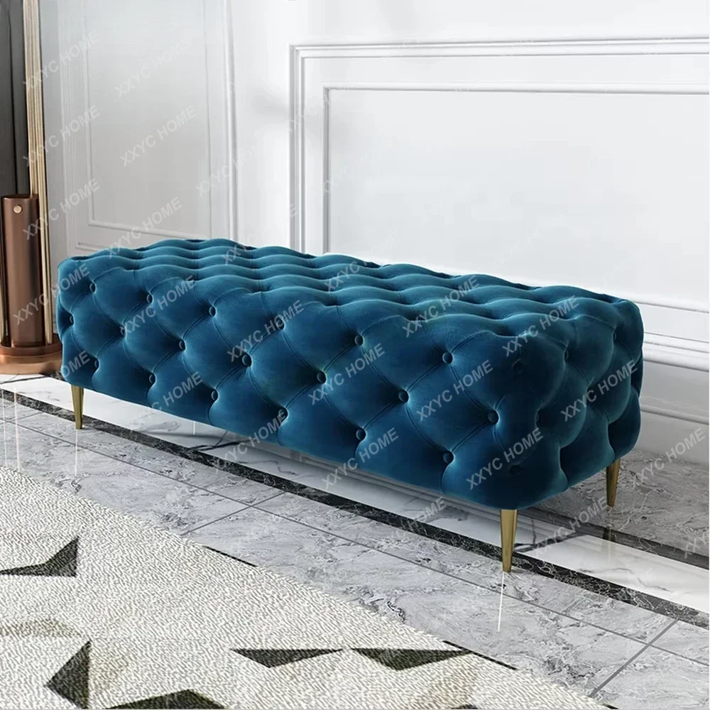 A Furniture Factory Modern Bench Tufted Button Grey Velvet Metal Legs Bench