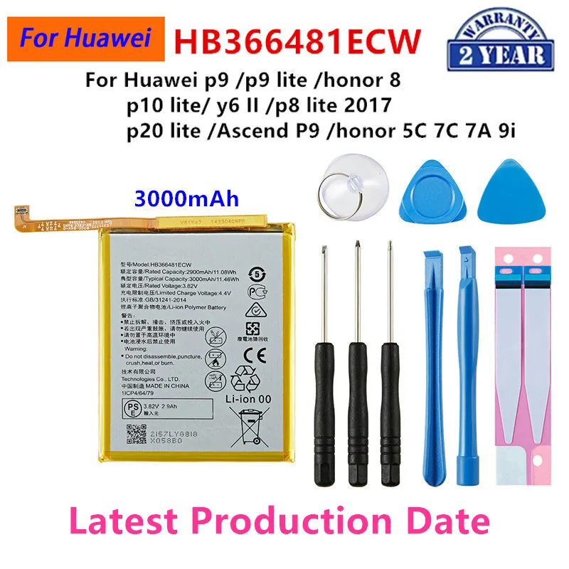 100% Orginal HB366481ECW Battery For Huawei p9 /p9 lite/ honor 8/ p10 lite/ y6 II /p8 lite 2017/ p20 lite / Ascend P9 Tools
