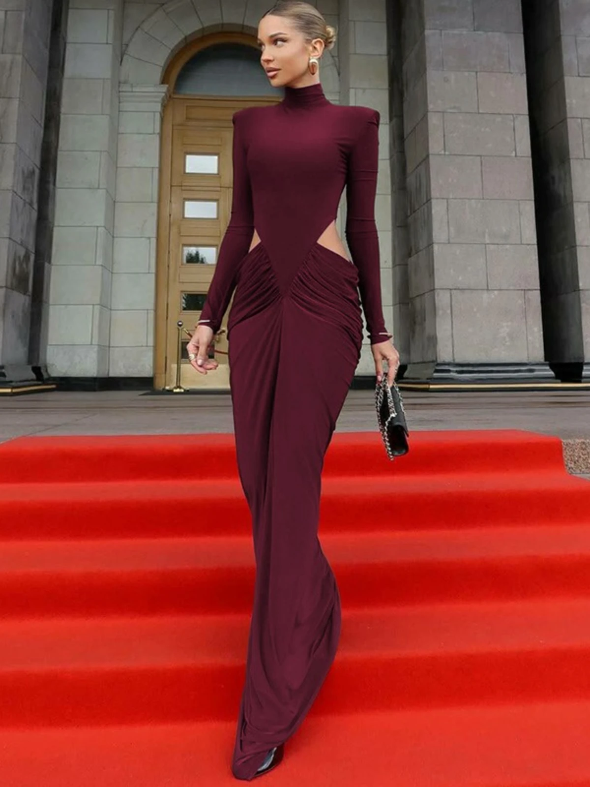 SsTss Abito lungo da donna elegante con ritaglio Abito da festa tubino arricciato con spalle imbottite e collo alto da strada solido sexy